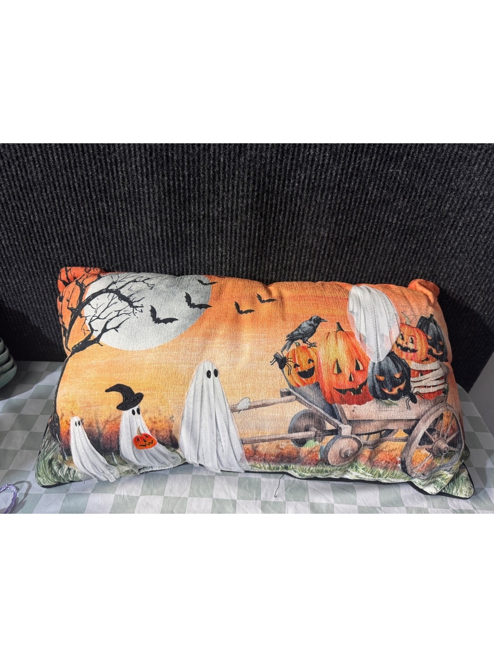 Halloween Themed Decorative Pillow with Ghosts and Pumpkins
